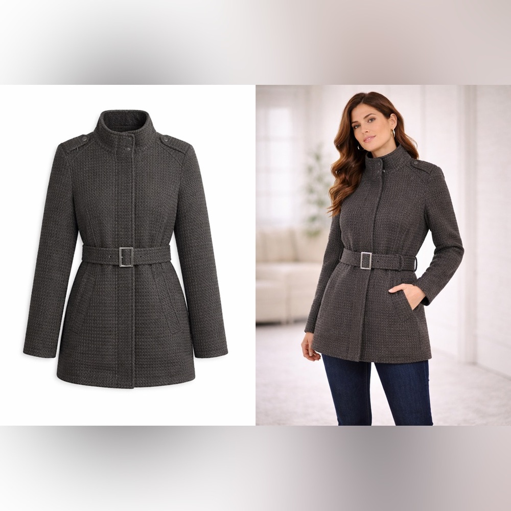 Wool Blend Waffle Textured Belted Coat Black Size M Cold Days Jacket